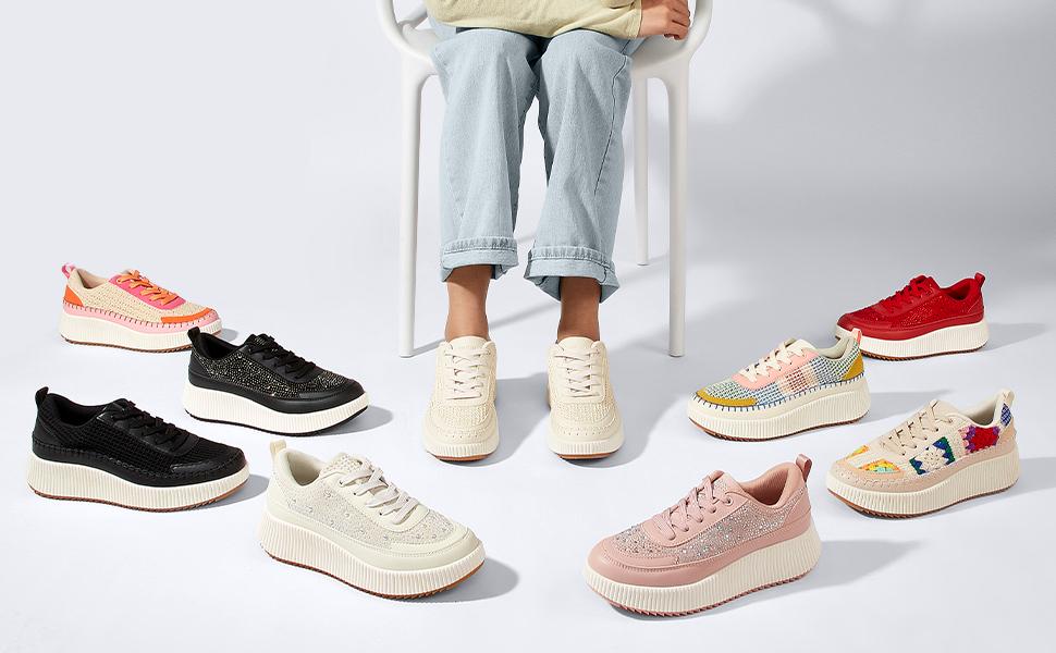 LUCKY STEP Women's Platform Sneakers Rhinestone Fashion Chunky Casual Sparkly Retro Braided Walking Shoes with 2.2 Inch Heel Height & Anti-Slip TPR Outsoles - Athletic Footwear