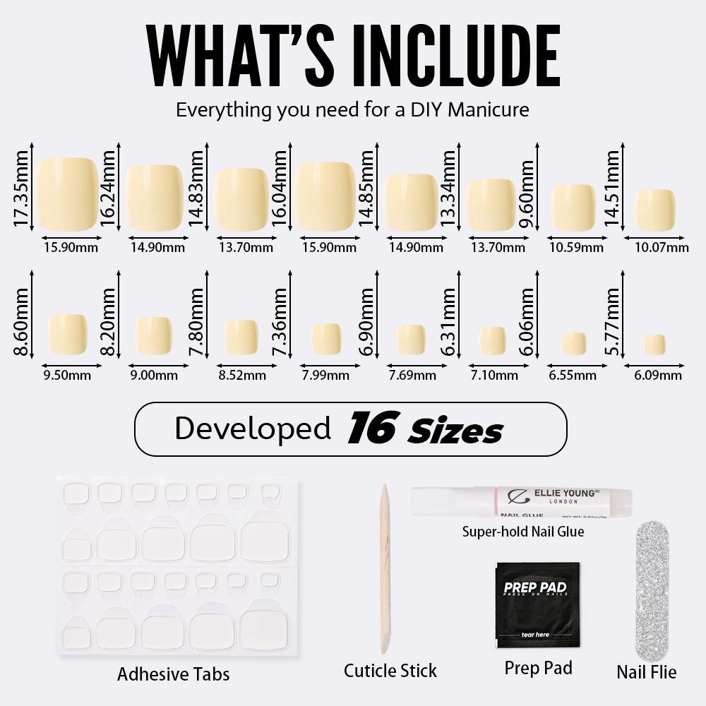 [ Butter Yellow ] ELLIE YOUNG Press On Toe Nails, Short Square Waterproof Reusable Toenails with Glue Kit, 32PCS in 16 Sizes for Summer, Beach & Daily Wear