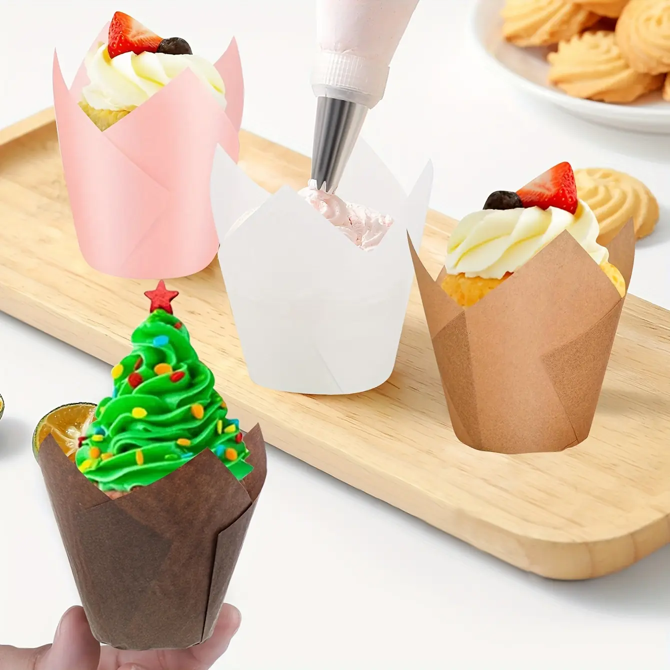 100/200Pcs Oil‑Proof Tulip Cupcake Liners Flame Muffin Baking Cups Classic Parchment Paper Wrappers For Cupcake Muffin Mini Snack Pastry Home Baking Thanksgiving Christmas Holiday Baking Gift
