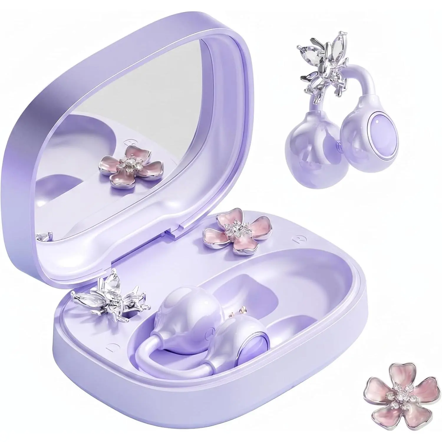 Open Ear Wireless Earbuds for Women with Makeup Mirror Charging Case, Clip-on Bluetooth 6.0 Headphones with Spatial Audio, Includes Flower & Butterfly Earrings, Long Battery Life (Purple)