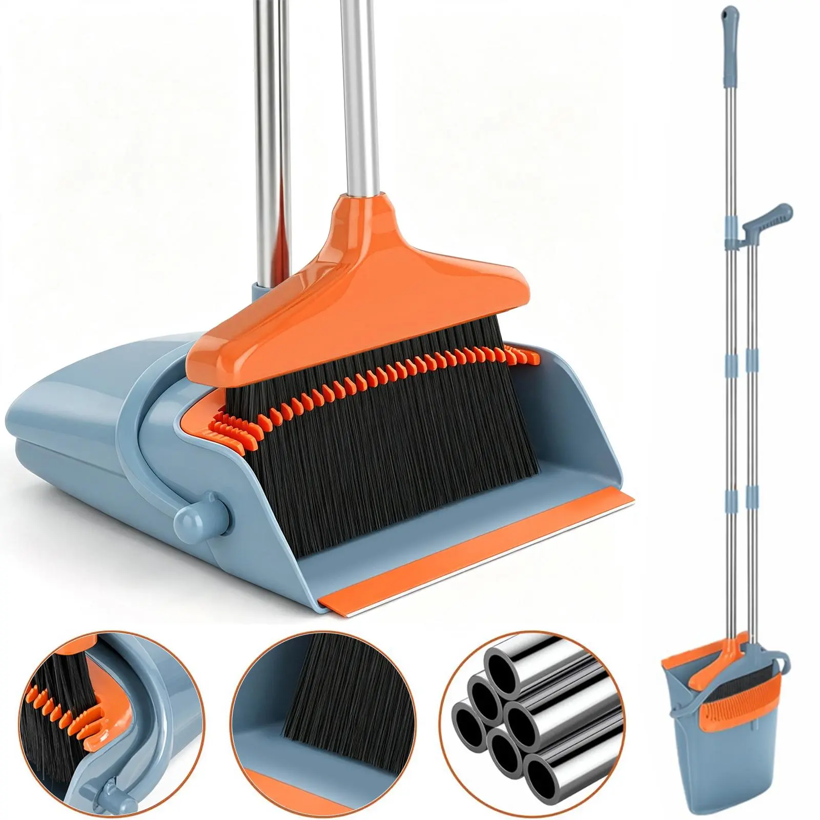 Nifogo Dust Pan and Broom/Dustpan Cleans Broom Combo with 52" Long Handle for Home Kitchen Room Office Lobby Floor Use Upright Stand Up Broom and Dustpan Set - Grey-Orange