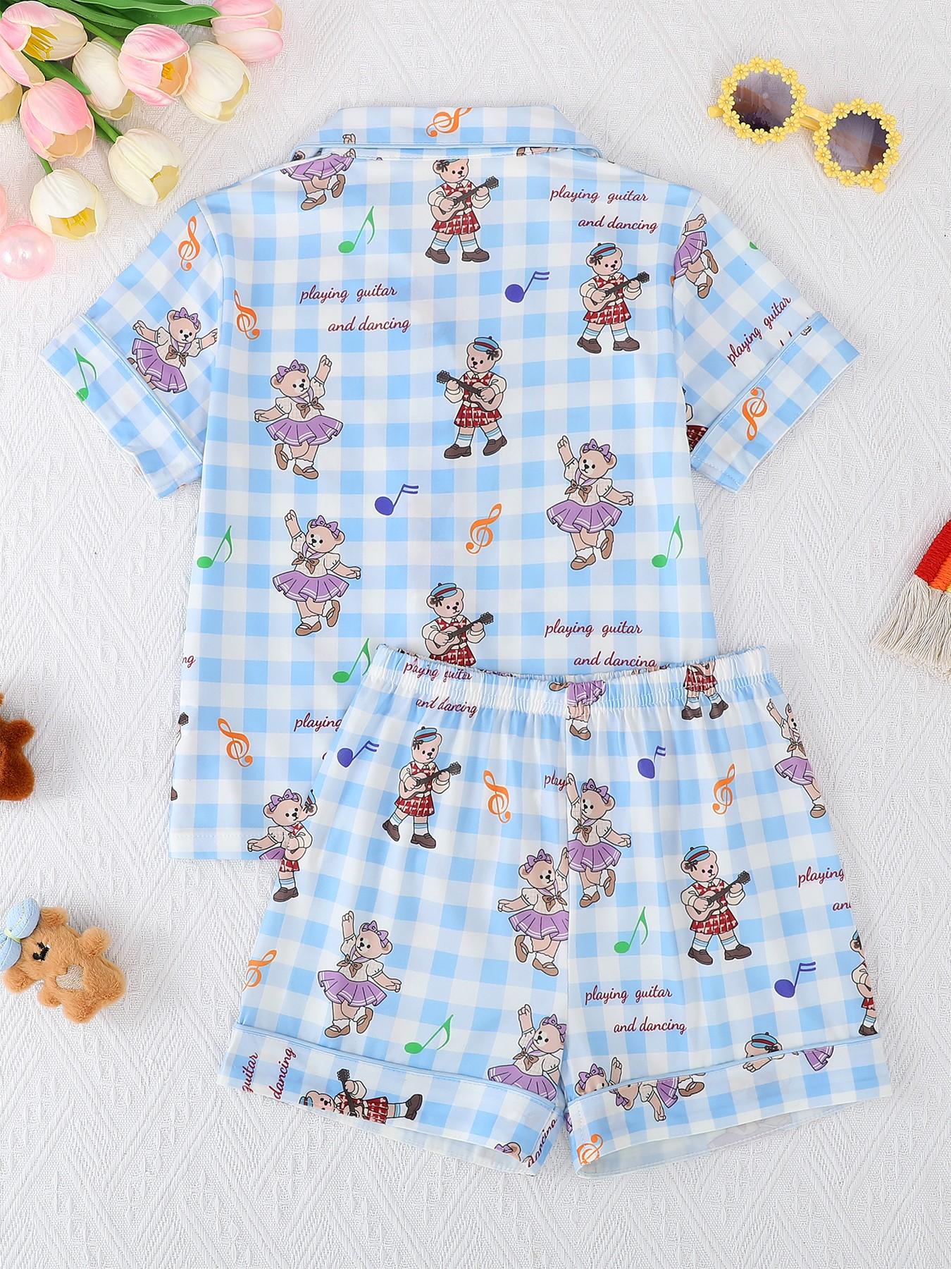 2-Piece Kids' Fire-Resistant Pajama Set, Short Sleeve Button Front Top & Shorts, Cartoon Bear Pattern, All Seasons, Boys & Girls