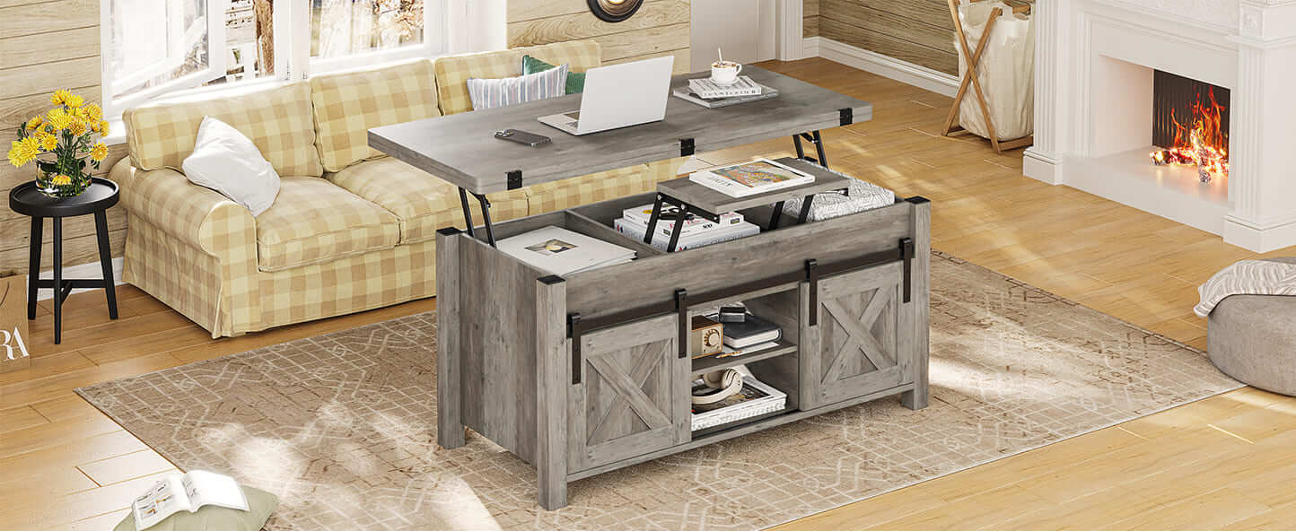 Sikaic Lift Top Coffee Table, 4 in 1 Multi-Function Convertible Coffee Tables with Storage and Hidden Compartment, Farmhouse Coffee Table Converts to Dining Table for Living Room