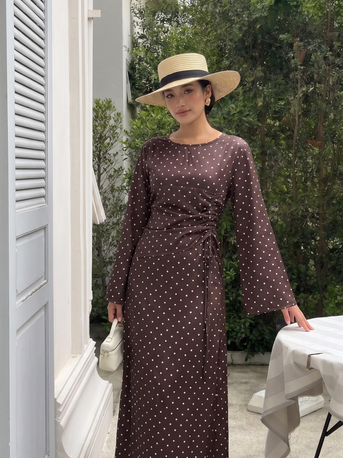 Elegant Casual Drawstring Polka Dot Long Sleeves Abaya Long Dress, Perfect for Parties, Holidays, Ramadan, Valentine's Day, Dates, Various
