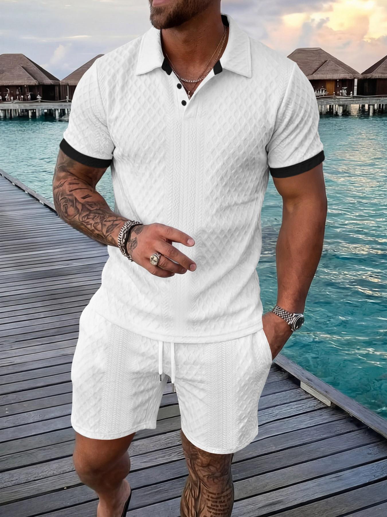 Men's Colorblock Polo Shirt & Drawstring Shorts Set, Textured Knit Short Sleeve, Casual Daily Wear, Summer Tropical Fashion Choice, Menswear, Clothes
