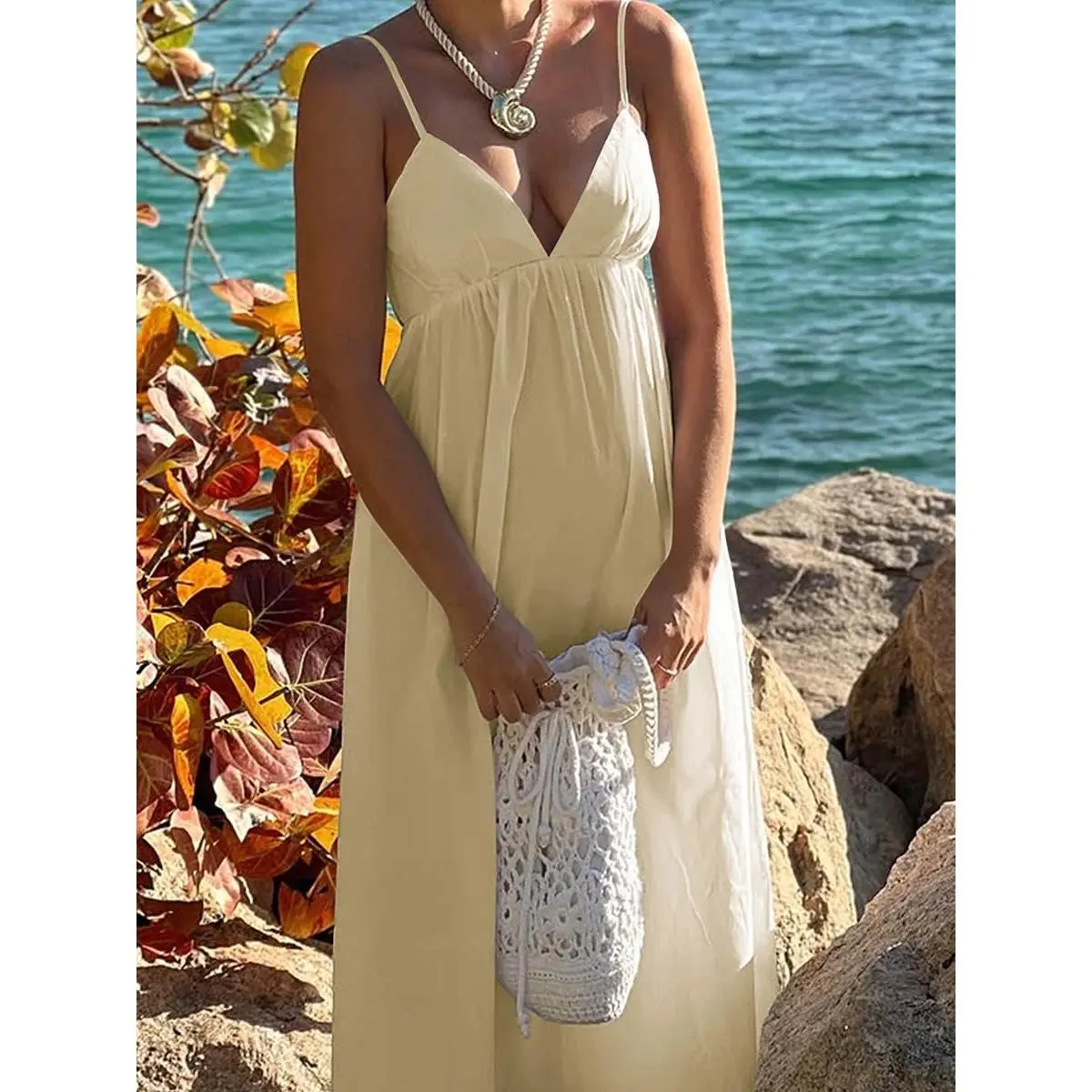 Women's Minimalist Solid Color Pleated Spaghetti-Strap Backless Sleeveless High-Waisted Casual Party Midi Dress