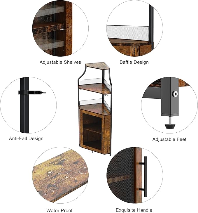 Corner Bar Cabinet with LED Lights, Wine Bar Cabinet with Adjustable Shelf and Glass Holder 5-Tiers Storage Space Corner Liquor Cabinet Industrial Liquor Cabinet for Small Space