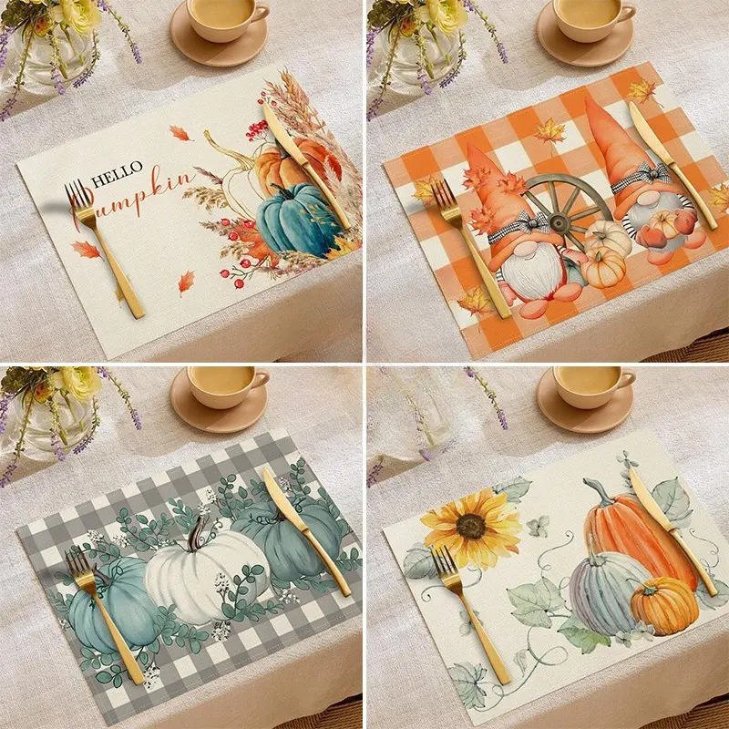 Aesthetic Sturdy Fabric Pumpkin Print Placemat Set, Fall Thanksgiving Heat-Resistant Decorative Dining Table Mats, Minimalist Western Tableware Accessories for Holiday Home-Party Decor