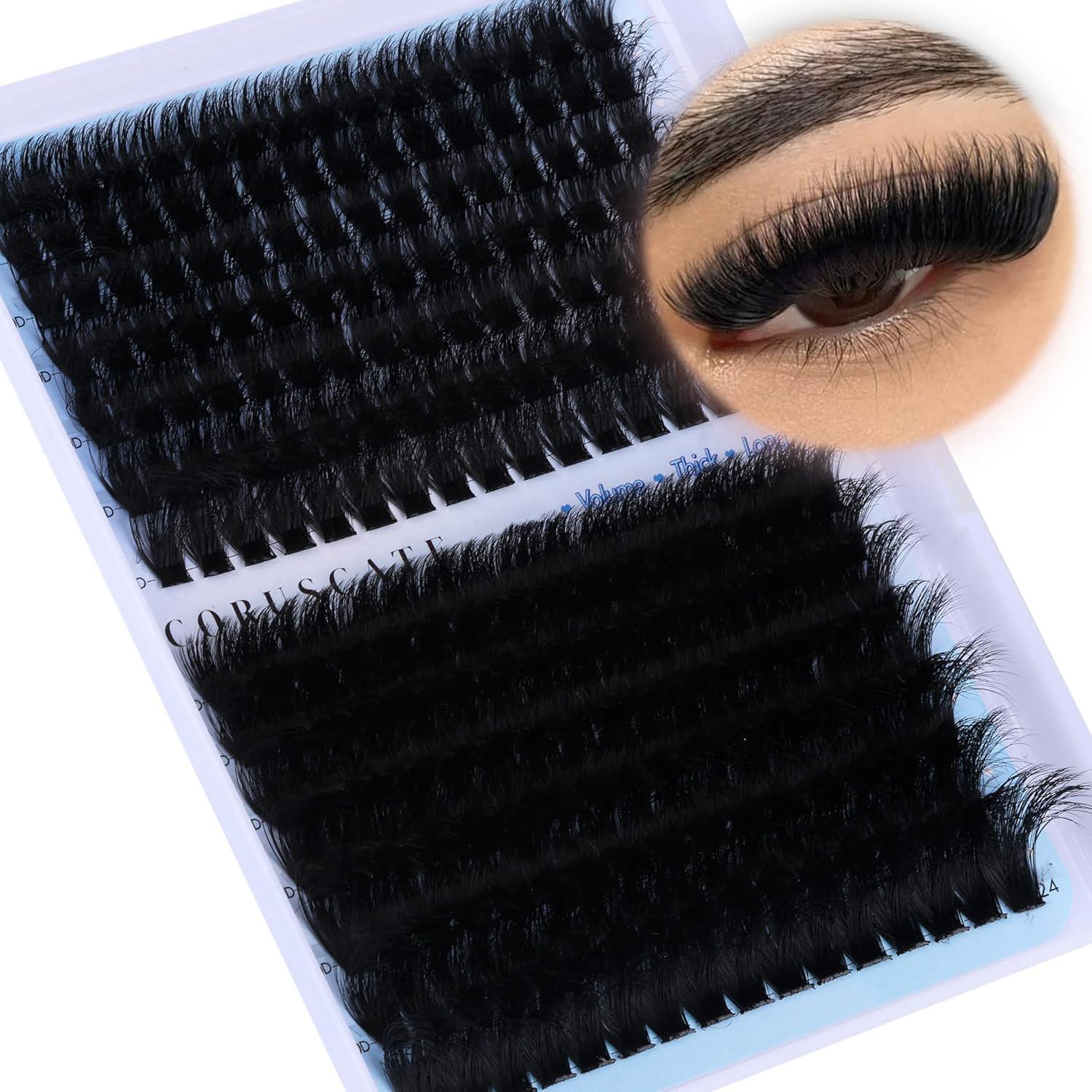 Plush Fluffy Eyelash Clusters 160D+200D, Voluminous Lash Extensions 12-24mm, Dramatic Long Lashes, Lightweight Individual Lashes, 224pcs Luxury DIY Lash Extension Kit