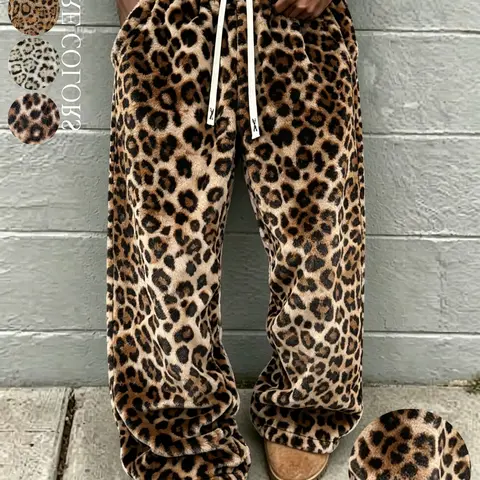 Unisex Retro American Style Soft Plush Pants, Leopard Print, Elastic Drawstring Waist Wide-Leg Pants, Casual Street Fashion Loose Trousers, Y2K-Inspired Long Pants, Vintage Streetwear Pants