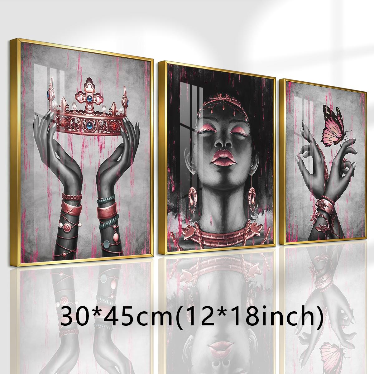 3 Counts Aluminum Alloy Framed Painting, Elegant Black And Pink Crown Butterfly Lady Artwork, Home Decoration For Living Room, Bedroom, Office, Restaurant, Hallway Wall Decor, Odorless Print Artwork, Luxury Perfect Gift For Friends And Family