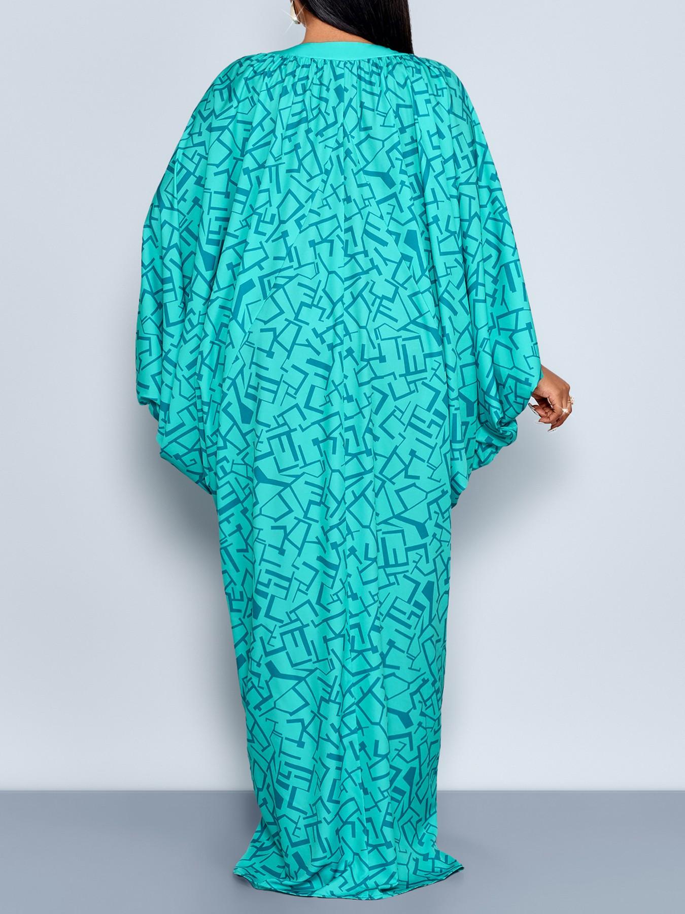 Plus Size Women's Geometric Print Casual Dress, V Neck Ruched Design, Layered Cocoon Silhouette, Long Loose Fit, All Seasons Fashion