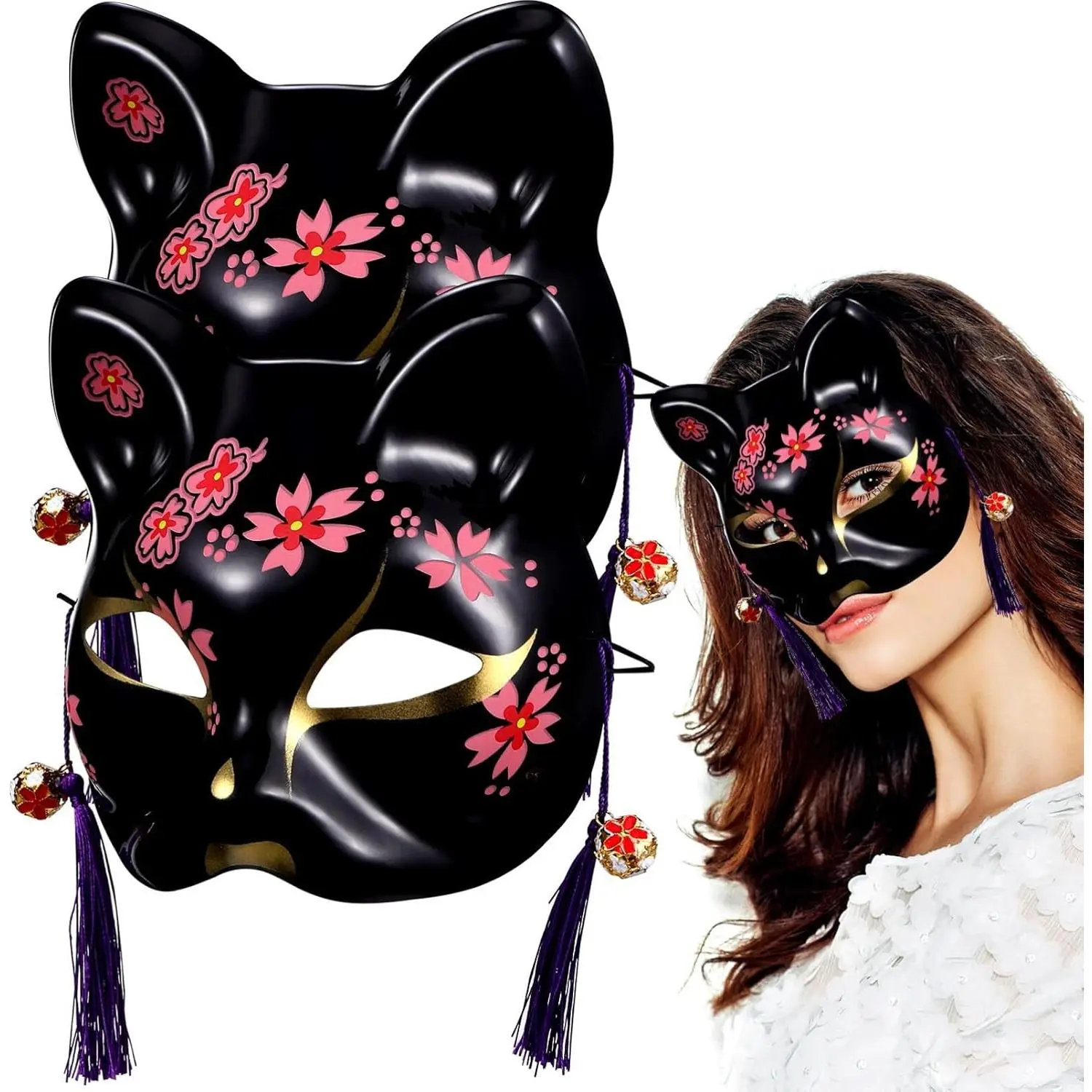 Sakura Cat Kitsune Mask Set 2Pcs Lightweight Half Face Masks for Halloween Fox Masquerade Party Cosplay with Cherry Blossom Design