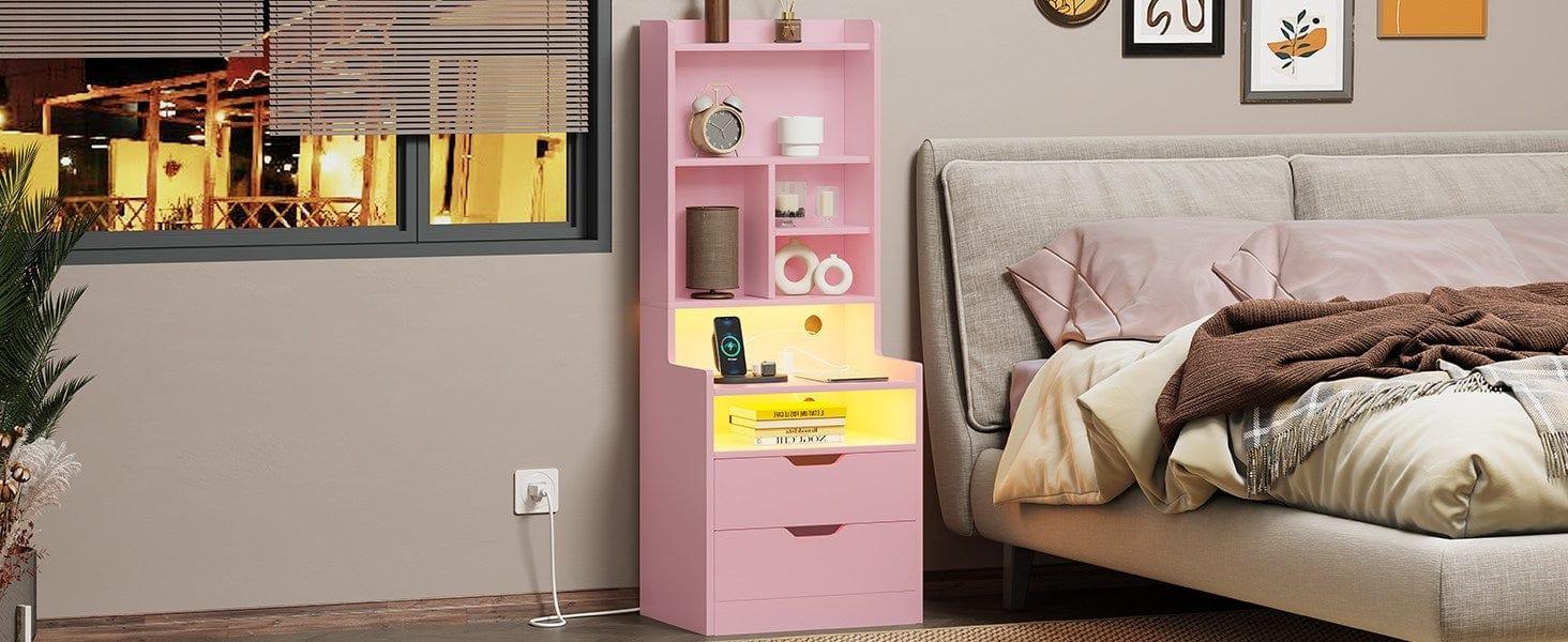Sikaic LED Tall Nightstand with Bookshelf Charging Station Modern Bedside Table with 2 Storage Drawers and Open Storage Space Bedroom Pink Aesthetic