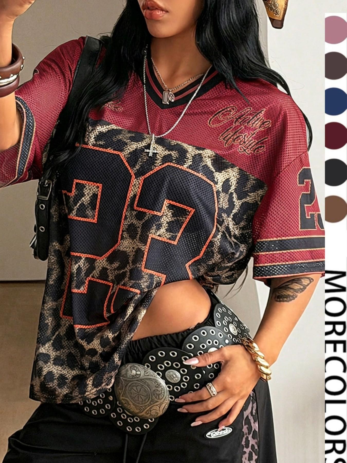 Y2K Retro Style Peregrinate 23 Leopard Print Jersey Top, Loose Fitted V-Neck Sport Tee, Hip-Hop Athletic Fashion Streetwear for All Seasons
