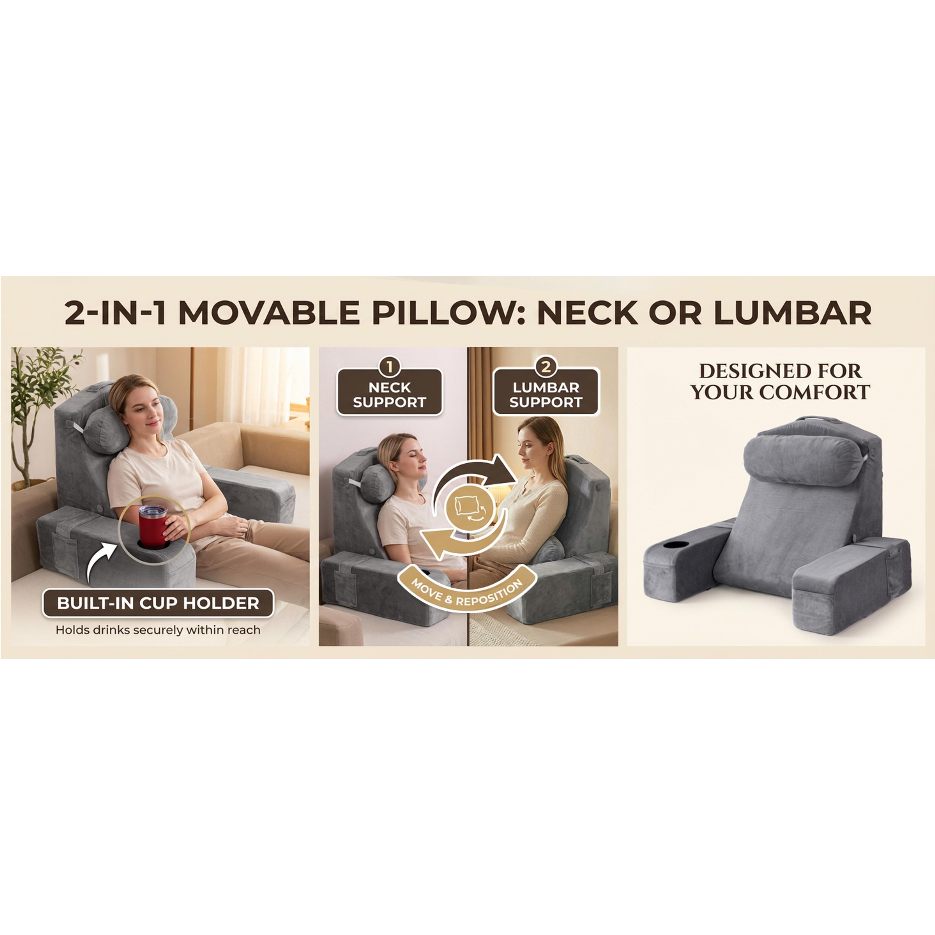 21 INCH Reading Pillow for Adults, Back Pillow for Bed Sitting Up, Backrest Pillow for Sitting in Bed, Detachable Arms with Built-in Cup & Phone Caddy (Gray, 21 INCH)