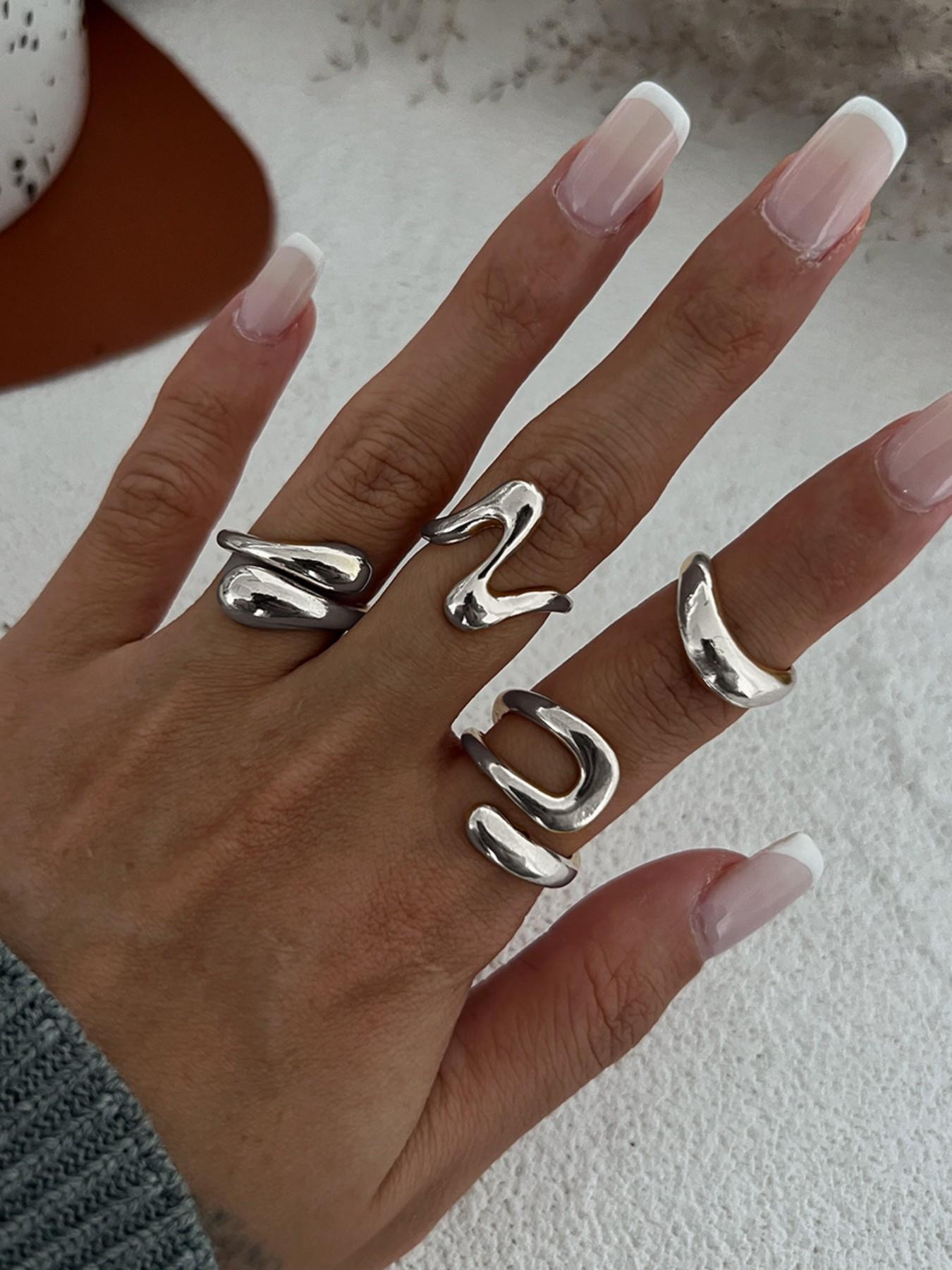 Women's Hip-Hop Style Geometric Joint Ring Set, Solid Zinc Alloy, Sexy Design, Four-Piece Jewelry Kit, All-Season Accessory