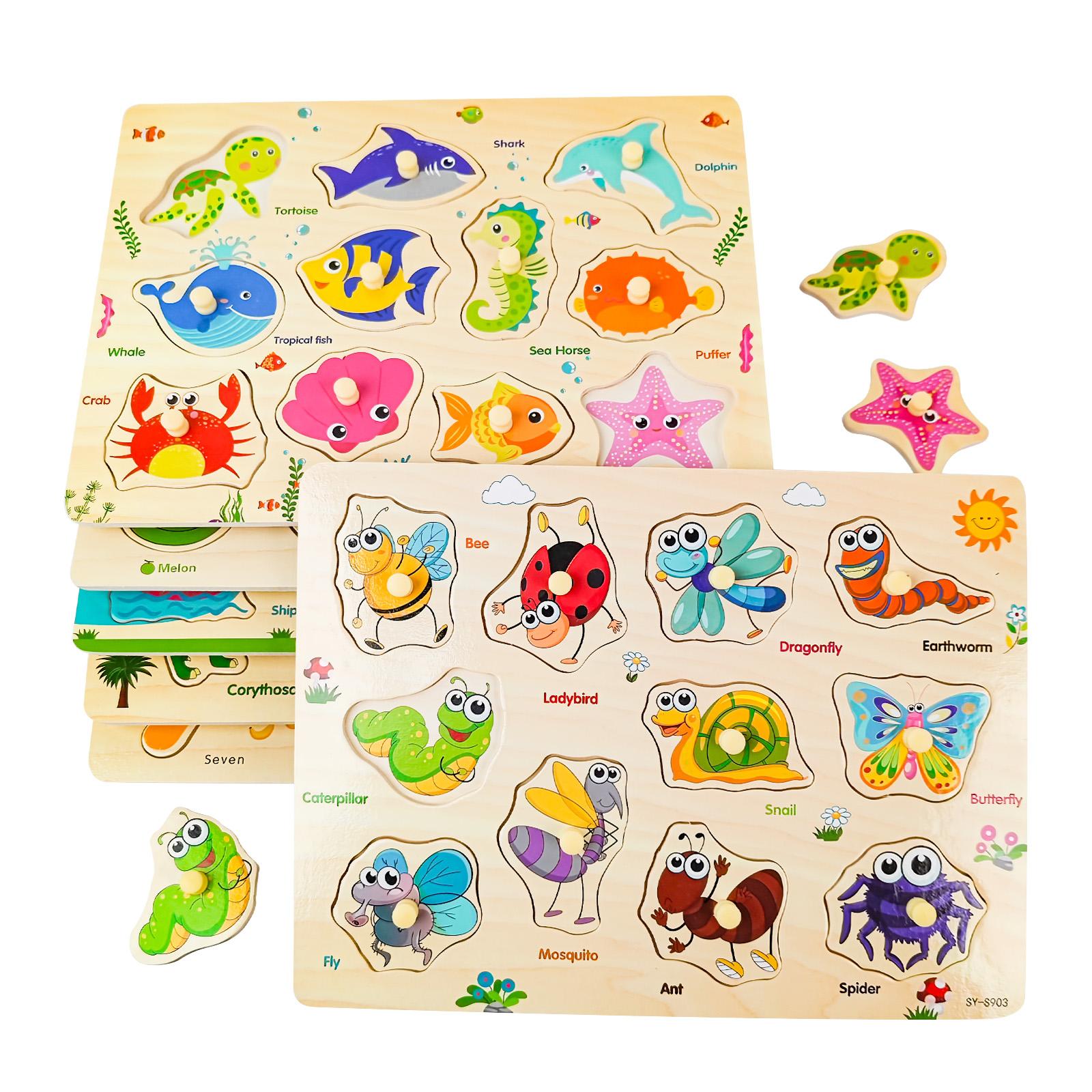 edutree Wooden Peg Puzzles for Toddlers 1 2 3 4, 6 Pack Educational Peg Puzzles Montessori Toys, Learning Puzzles for Kids Girs Boys with Alphabet Number Animal Vehicle Shape, Halloween gift