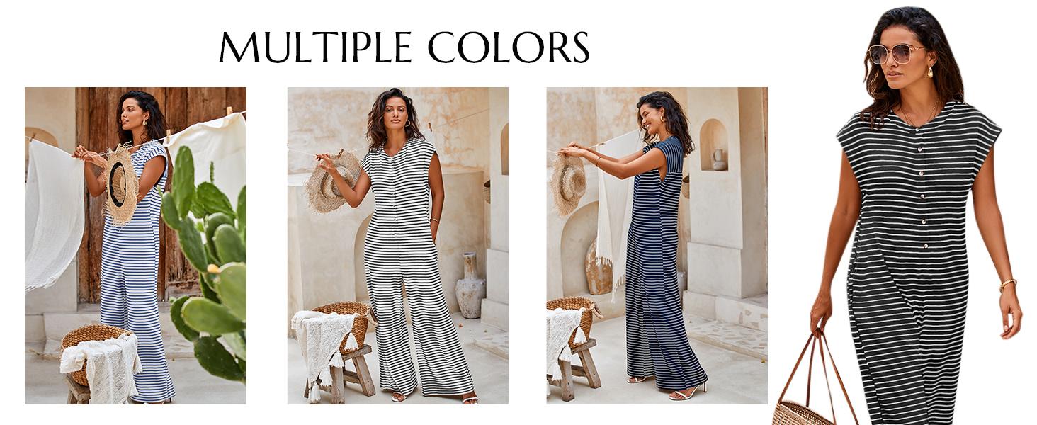 Cicy Bell Womens Casual Striped Jumpsuits Summer Cap Sleeve Wide Leg Jumper Romper Button Down Travel Beach Outfits