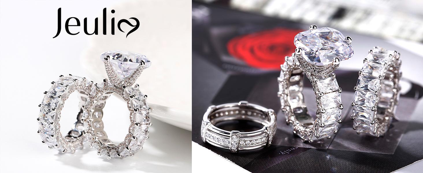 Jeulia Cushion Cut Three Sided Pave Sterling Silver Eternity Ring Cubic Zirconia Art Deco Halo Wedding Engagement Anniversary Rings Set Finejewelry with giftbox