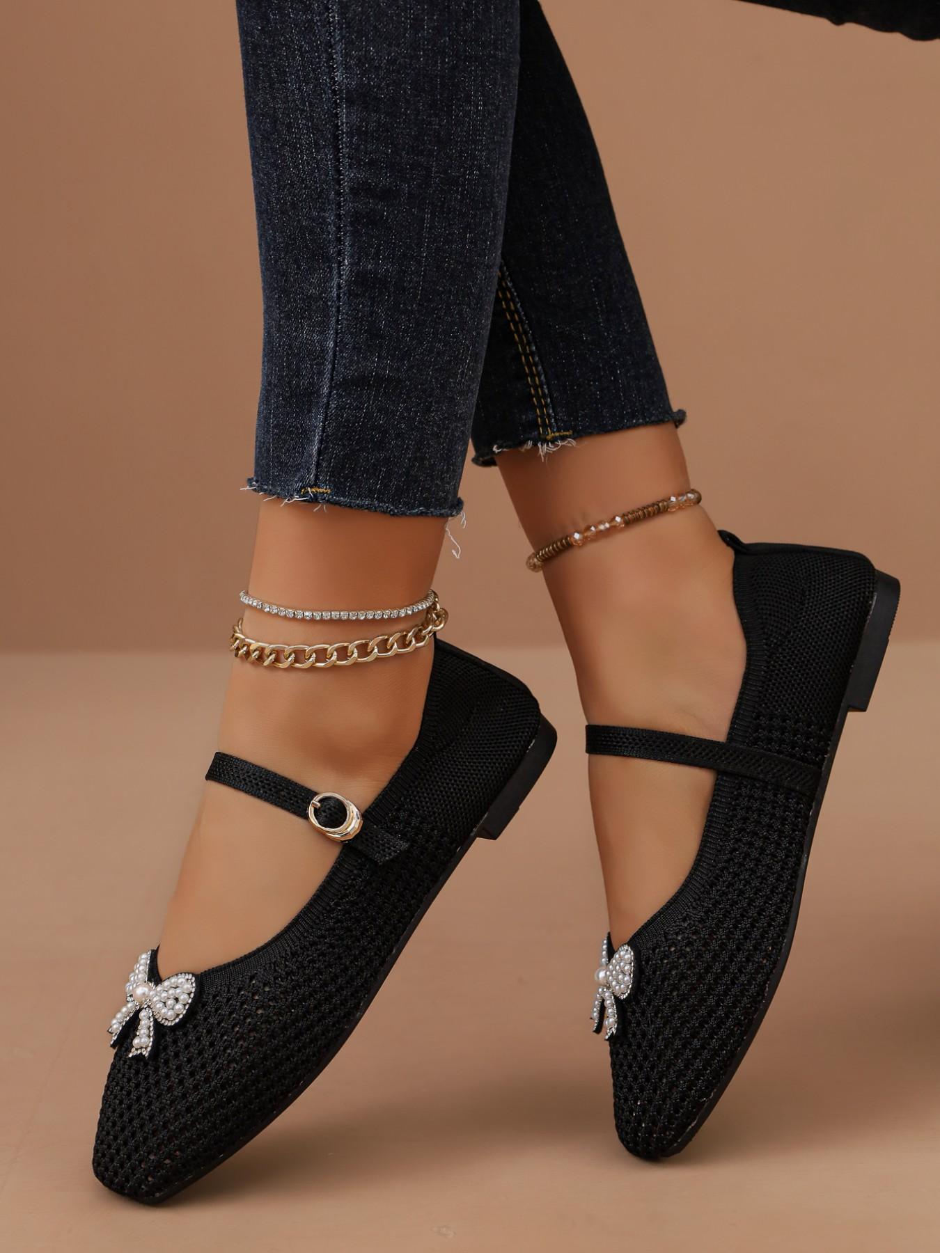 Women's Elegant Pearl Rhinestone Bow Mary Jane Flat Shoes, Breathable Mesh Square Toe Buckle Sandals, Casual Office Fashion Footwear