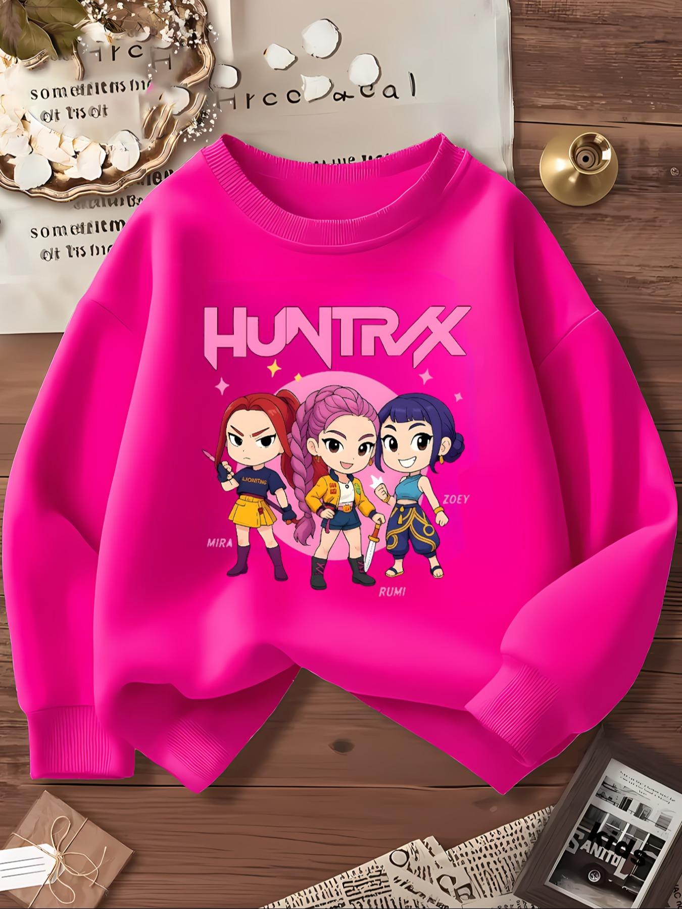 Kpop-Hunter Girl Group Anime Cartoon Print, Elastic Fabric, Girls' Casual Sports Wear, Youth Outdoor & Indoor Activities Hoodie