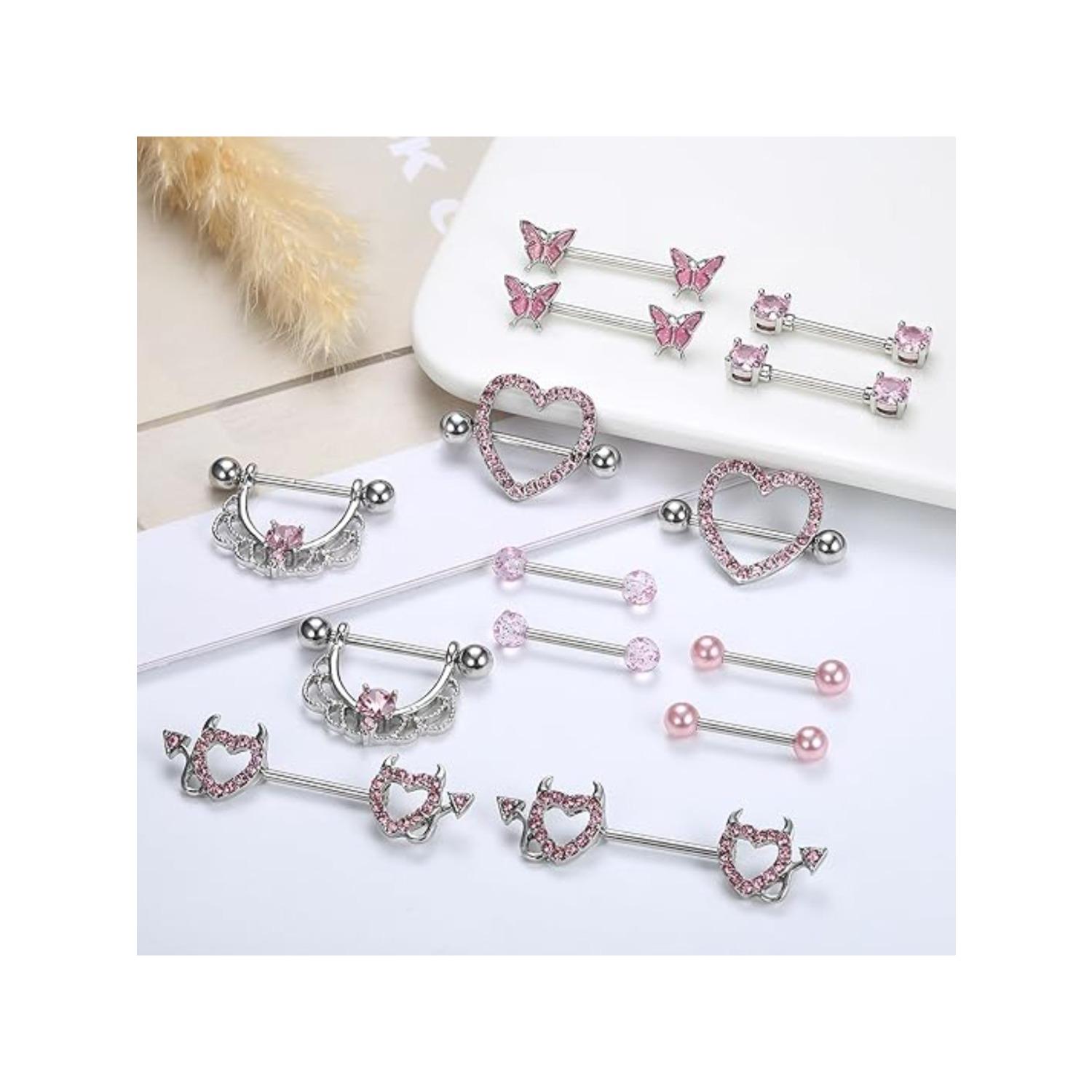 7 Pairs 14G Nipple Rings 316L Surgical Steel Nipple Piercing CZ Heart Butterfly Barbell Tongue Rings Set Cute Nipple Tongue Piercing Jewelry for Women Body Jewellery
