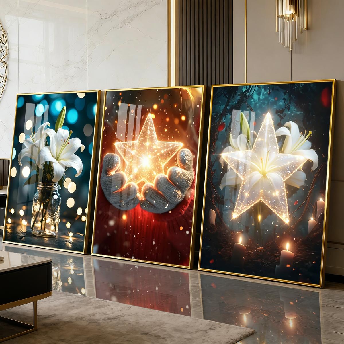 3 Counts Aluminum Alloy Framed Painting, White Lily And Glowing Star Art Pictures, Home Decoration For Living Room, Bedroom, Office, Restaurant, Hallway Wall Decor, Odorless Print Artwork, Luxury Perfect Gift For Friends And Family