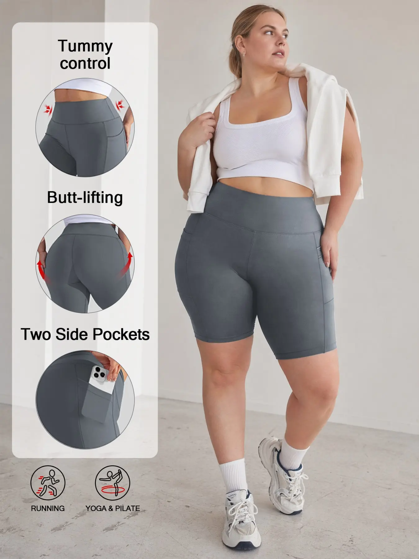 3" Plus Size Biker Shorts with Pockets High Waist Soft & stretchy,2 side pockets for phone/keys, for yoga gym cycling