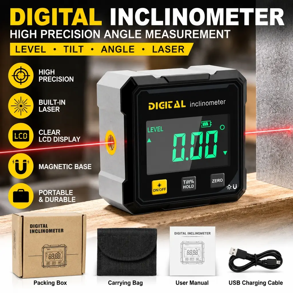 Portable Magnetic Digital Angle Gauge, Radiaint 360-Degree Angle Finder with Dual Laser Guide, Rechargeable Precision Hardware Tool for Building Woodworking