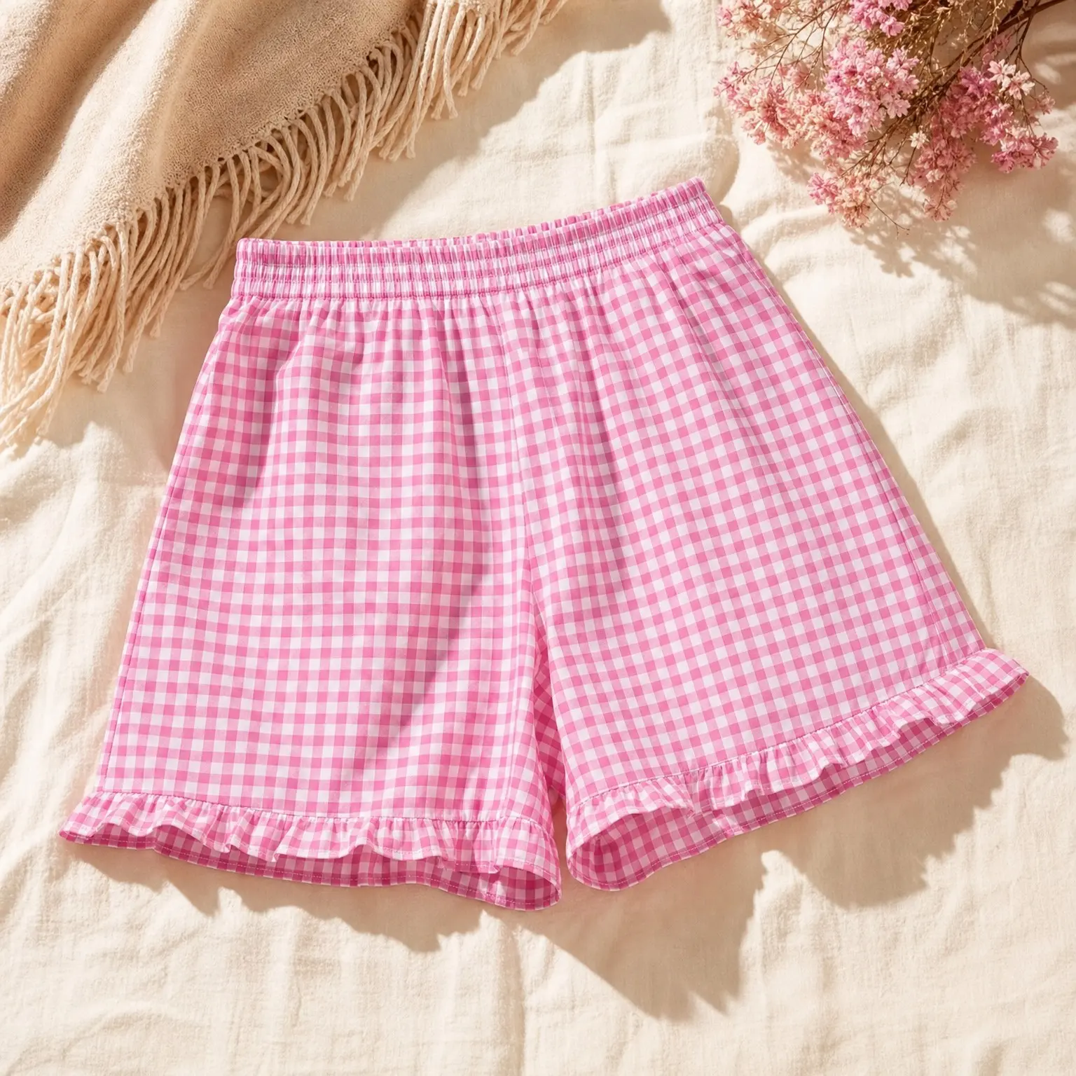 Women's Gingham Plaid Boxer Shorts with Elastic Waist Ruffle, Cute Casual Summer Lounge Pajama Sleep Bottoms(Gift)