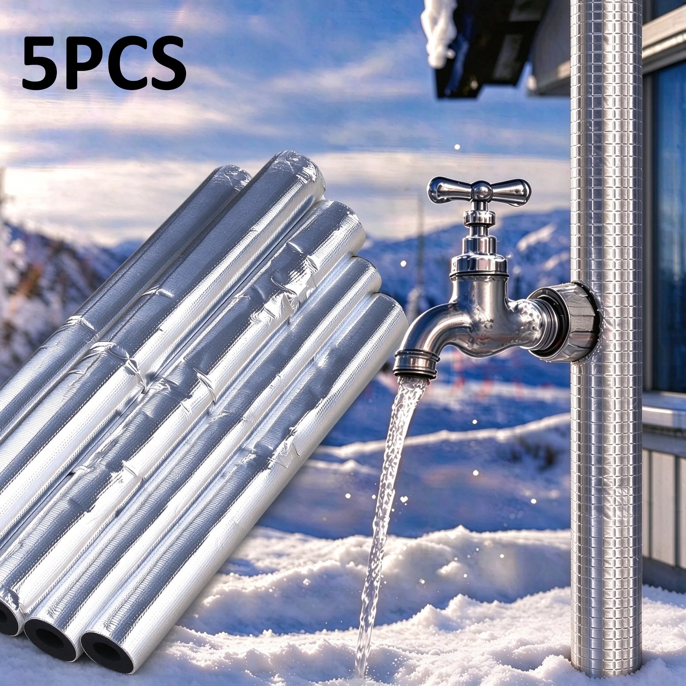 5-Pack Pipe Insulation Foam Tubes - Self-Adhesive Aluminum Foil Insulating Wrap, 17.72in Long | Antifreeze Protection for Faucets, Winter Pipes, Sprinklers & Water Heater Pipes | Easy Install, Durable & Weather-Resistant for Home & Outdoor Use
