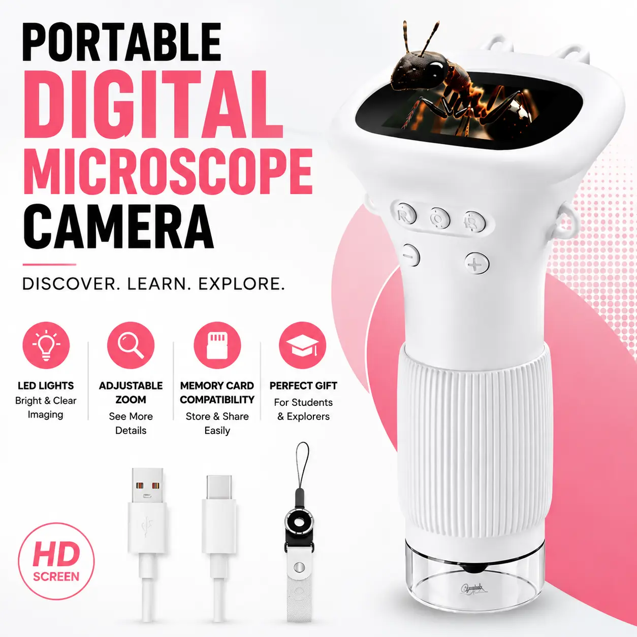 Portable Digital Microscope Camera with HD Screen Display, LED Lights & Adjustable Zoom, Handheld Inspection Camera for Students, Science Learning, Classroom Projects and Educational Exploration