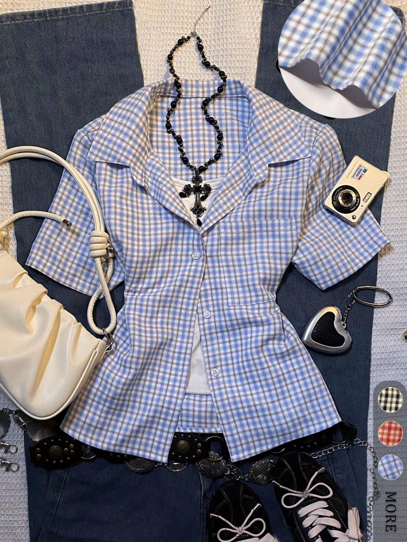 Women's Casual Retro Vintage Plaid Short Sleeve Shirt Blouse, Polo Neck Design, Comfortable Style, Casual Collared Top, Ideal for Daily Wear, Back-To-School Season, Casual Basic Top