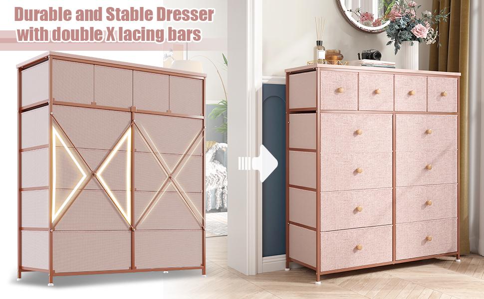 Raybee Furniture Dresser with 12 Drawers, Wooden Top and Metal Frame, Fabric Storage Organizer, For Dressing Room, Bedroom, Closet,Entryway,Living Room