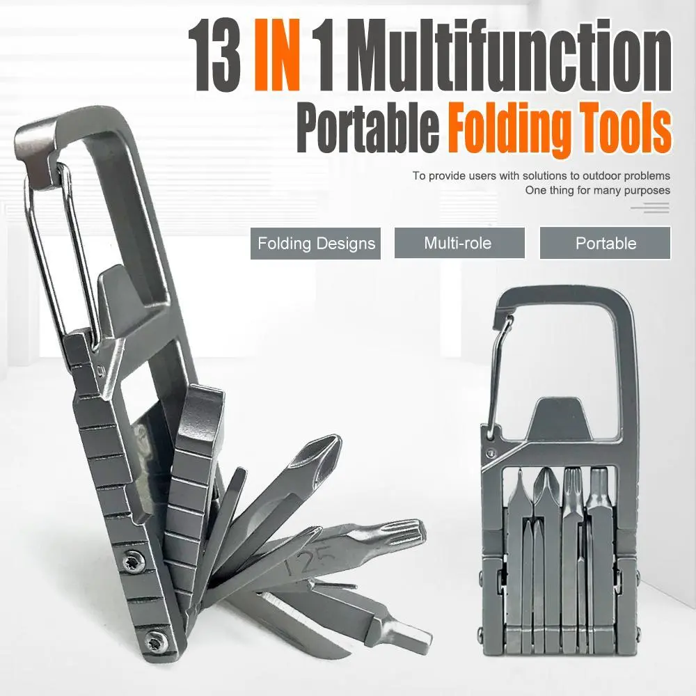 13-in-1 Compact Foldable Stainless Steel Multifunction Tool with Carabiner Keychain, Corkscrew, Screwdriver, Wrench, Knife for Outdoor Work, Campers (Home & Bathroom Gadgets), All-In-One Edc