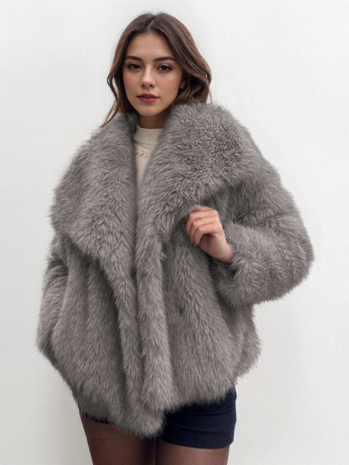 Women's Elegant Solid Color Wide Collar Zipper Closure Plush Warm Coat, Stylish Everyday Outerwear for Fall & Winter Seasons