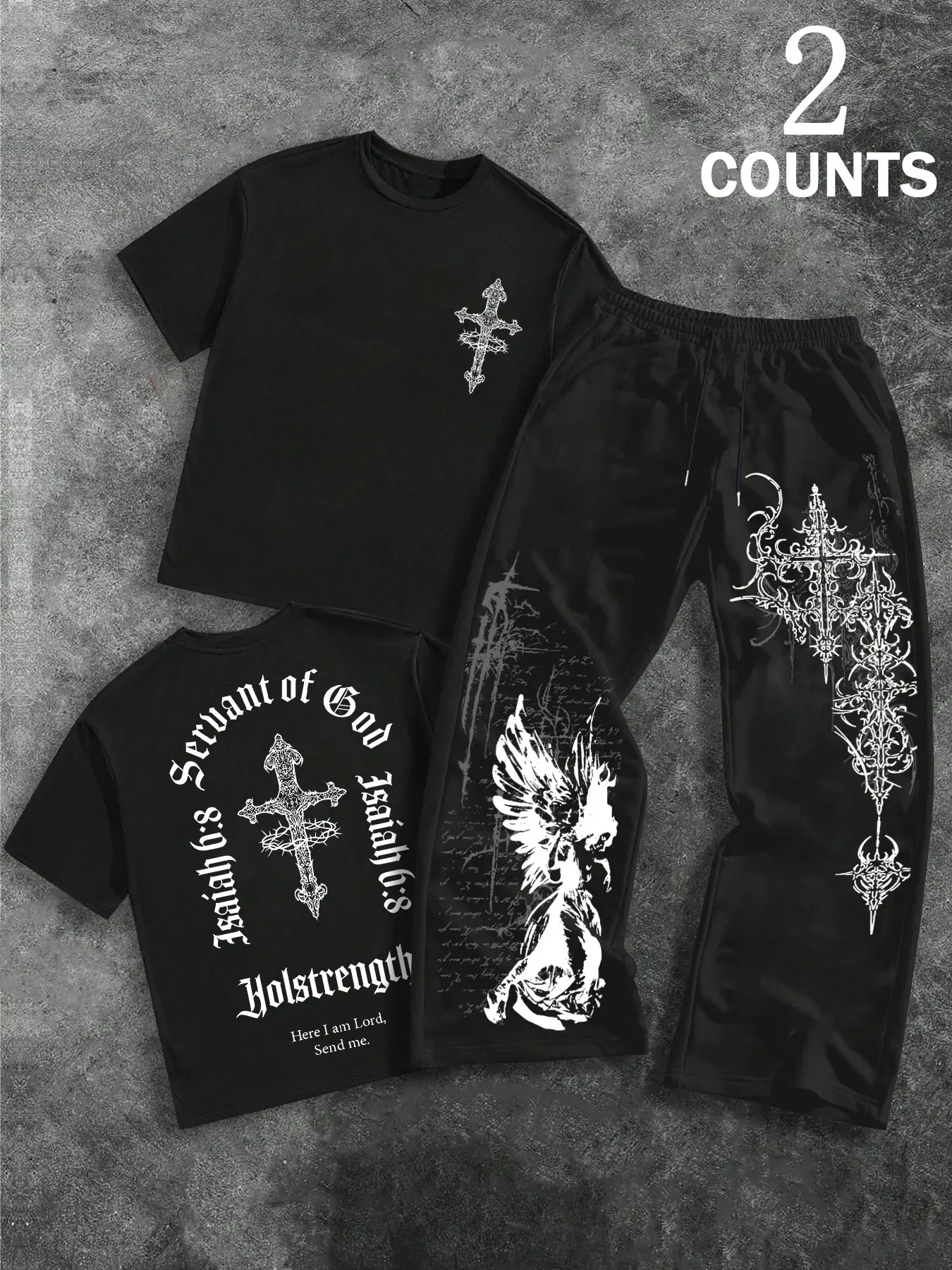 Men's Loose Fit Casual Suit, Soft Comfortable Gothic Cross Angel Text Print Round Neck T-Shirt and Drawstring Wide Leg Pants, All Seasons
