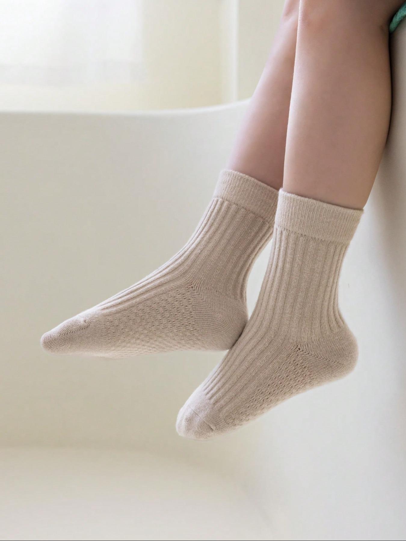 5 Pairs Kids Mid-Calf Socks, Boys Girls Infants, Solid Striped, Massage Pineapple Sole, All Seasons, Thin, Daily Wear