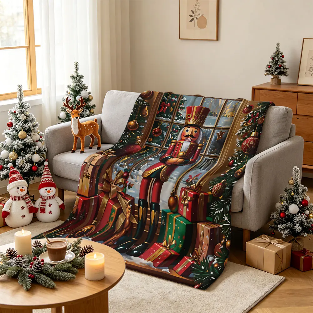1‑Piece Nutcracker Christmas Window Display Pattern Flannel Throw Blanket, Soft Cozy Warm Machine Washable Holiday Home Decor, All Season Use for Sofa Couch Bed Office Camping, Premium Christmas Holiday Gift