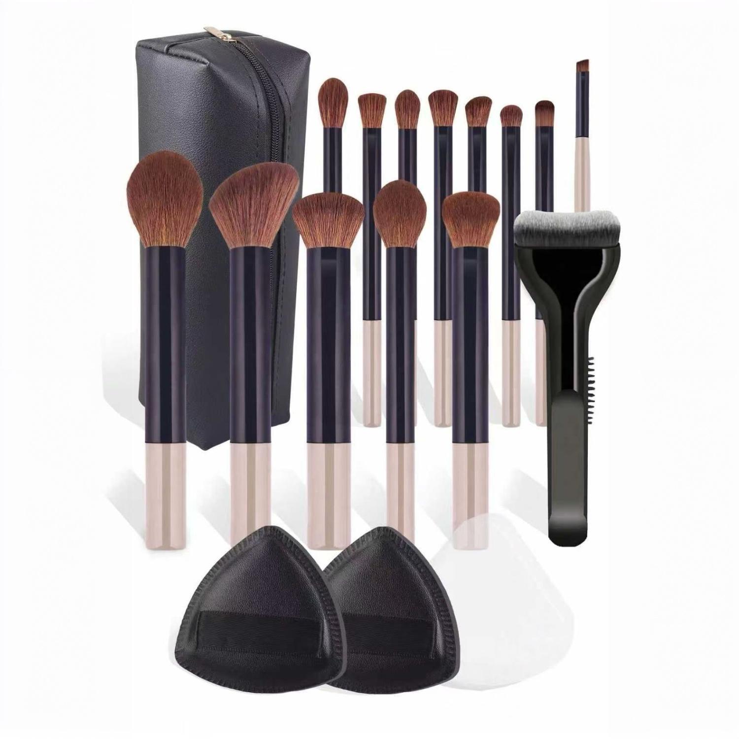 New Makeup Brush Set with 2 Leather Cases and 2 Beauty Sponges, 14 Animal Hair Brushes, Essential Daily Makeup Tool, Makeup Brush Kit