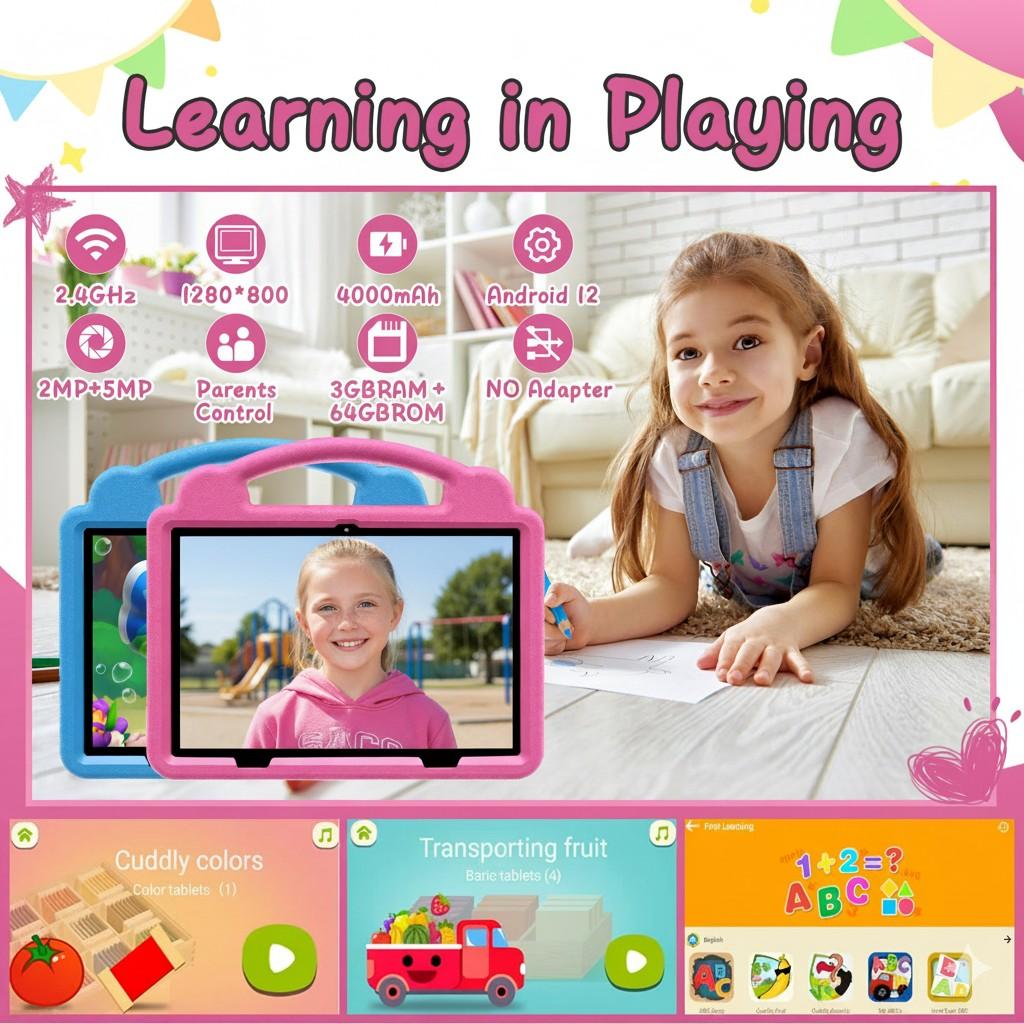 Toddler Tablet 10.1" WiFi Android Kids Learning Tablet, Parental Lock, Educational Apps, Kid-Proof Case with Handle, Q88 Model