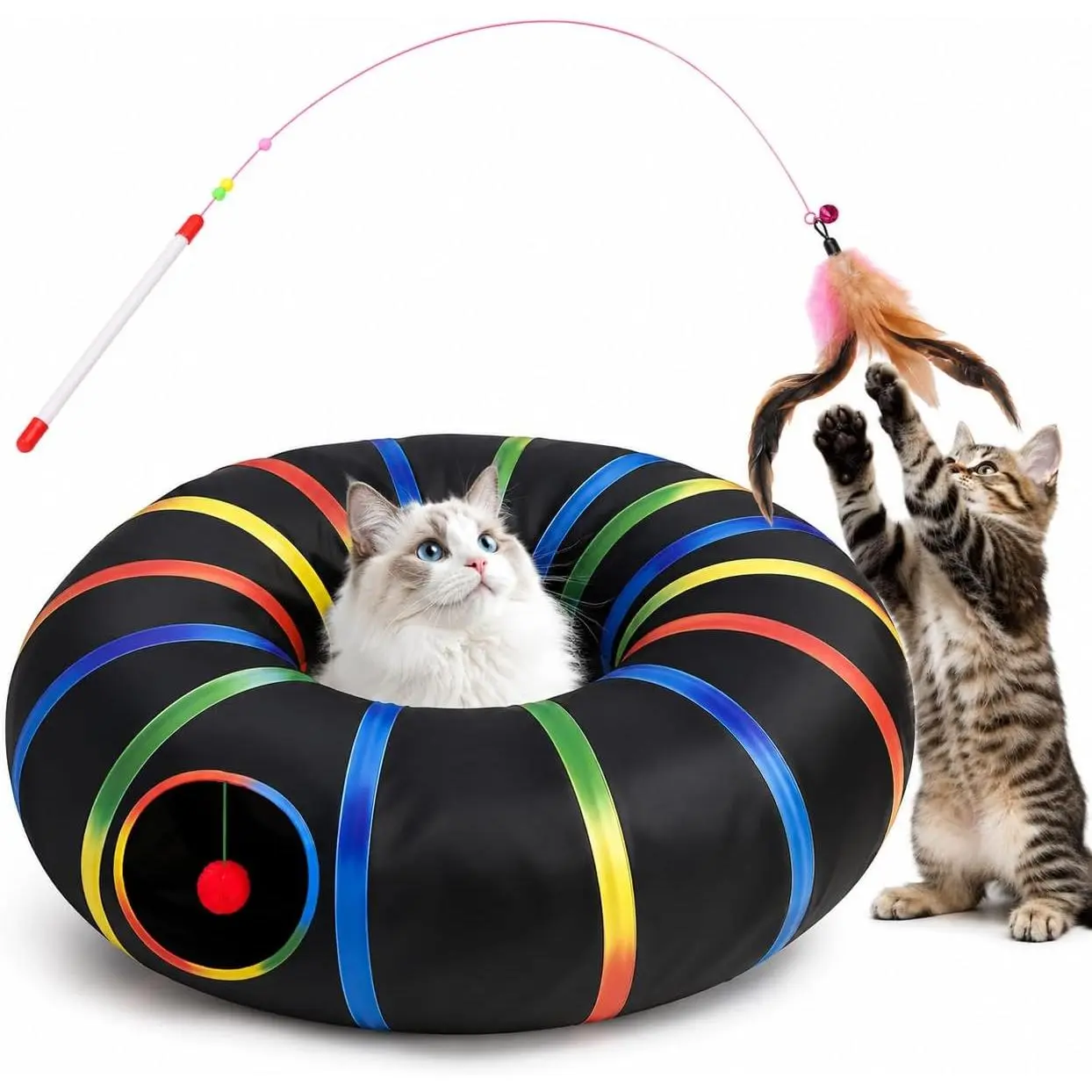 Tunnel  with Plush Ball &  Wand  Toys-Portable Tattaff  Washable-Interesting  Collapsible Black Rainbow