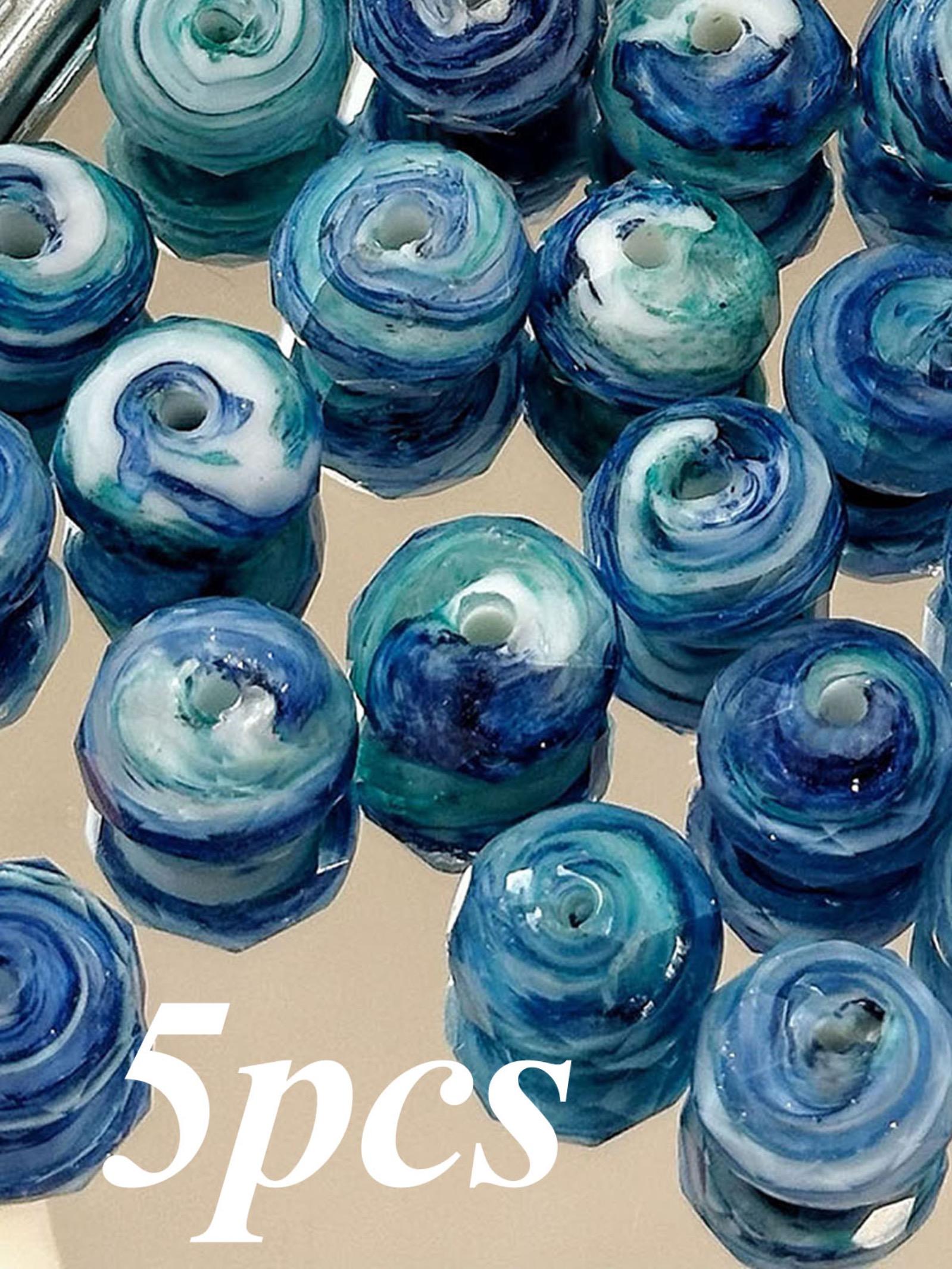 5pcs Blue Oil Painting Style Cut Glass Beads for DIY Jewelry Making, Ditsy Floral Pattern, Contemporary Design for Bracelets & Necklaces