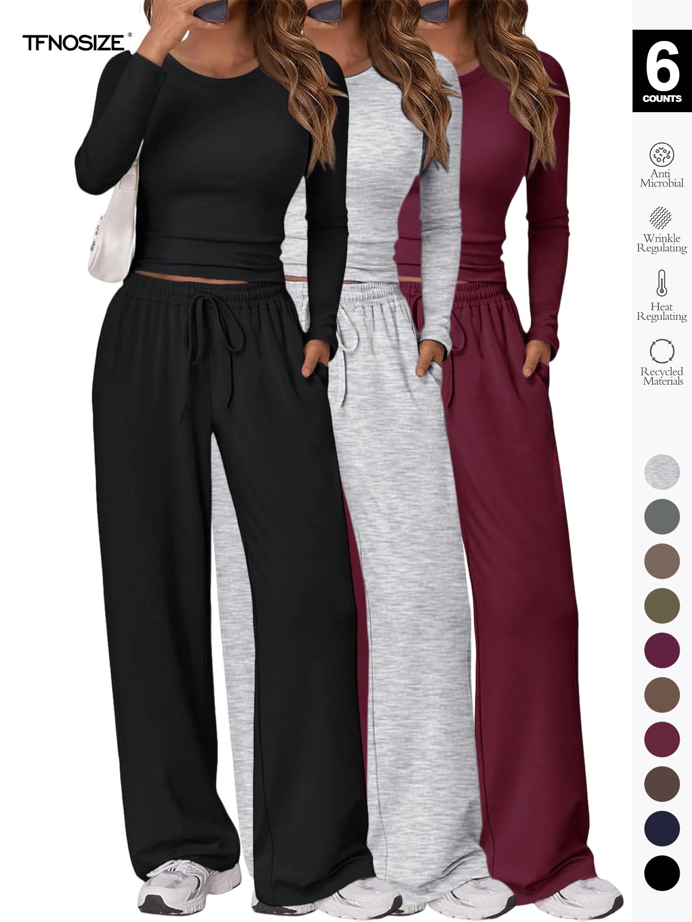 Women's 2-Piece Matching Lounge Set, Long Sleeve Slightly Cropped Top & Wide Leg Pants, Casual Sweatsuit for Fall & Winter
