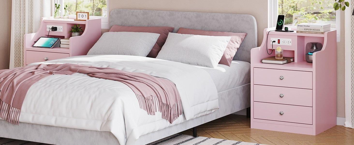 Sikaic Nightstand with Charging Station Storage Drawers Pink Bedroom Table Modern Dressing Table Bedside Cabinet