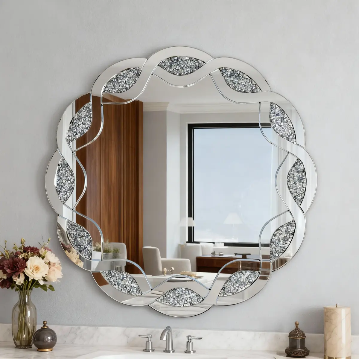31.50*31.50*0.98 Inch Silver Crush Diamond Round Wall Mirror, Wave Shaped Decorative Framed Mirror, Diamond-Cut Refraction Design, Ready to Hang Ornate Accent Mirror for Living Room Bathroom Hallway Entryway Decor