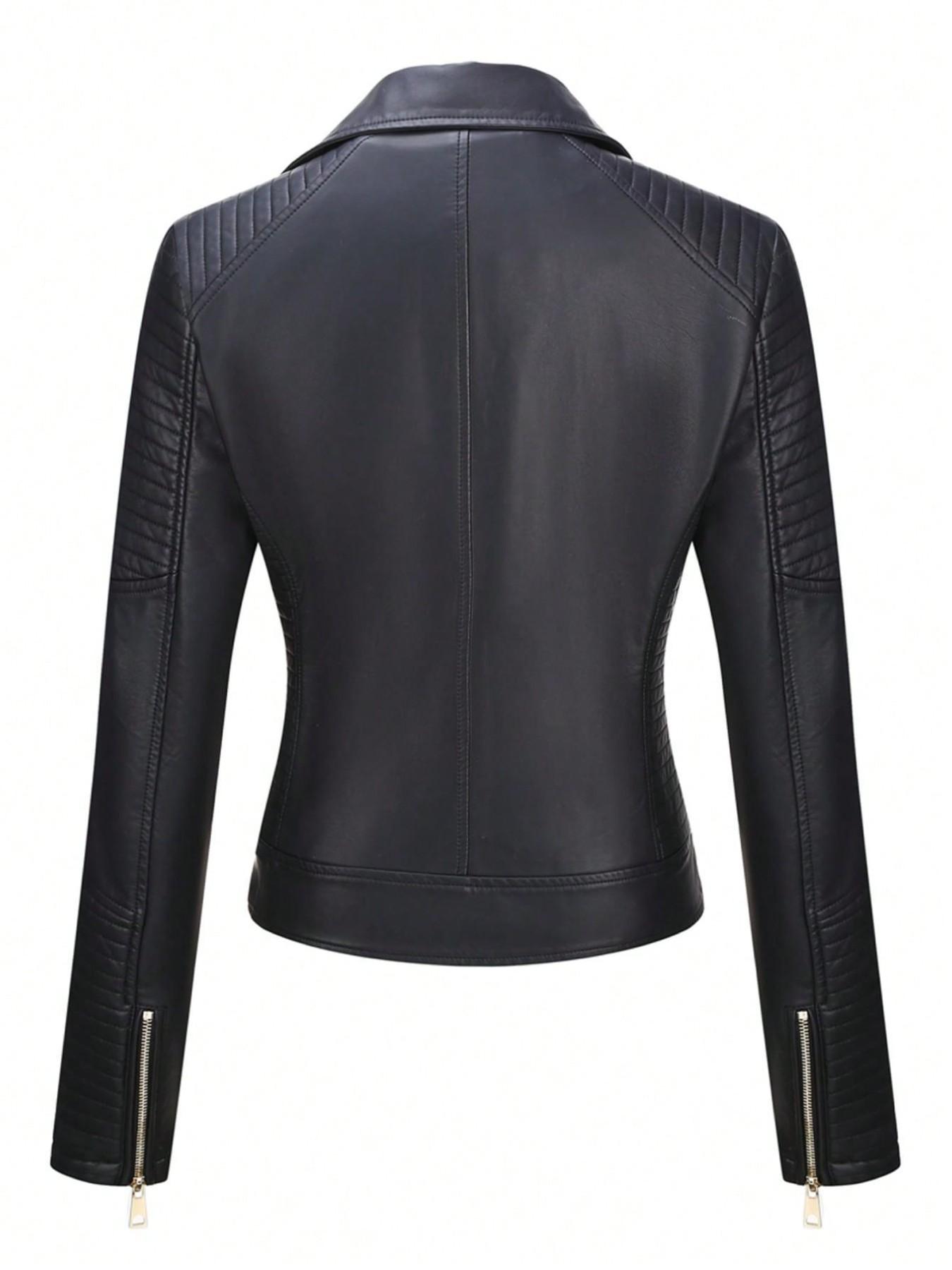 Women's Plus Size Plain PU Jacket with Zipper, Coats, Casual Fitted Outerwear for Spring & Fall