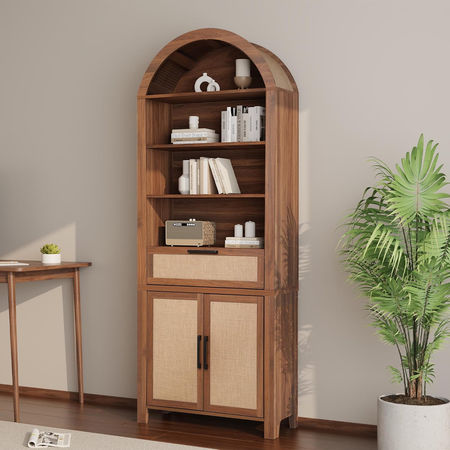 Giratree 79" Tall Arched Bookcase with Storage, Mid Century Modern 6-Tier Cabinet with Door and Drawer, Arched Bookshelf with Open Display Shelf for Office Living Room kitchen storage cabinet