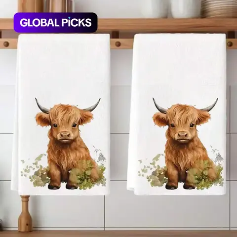 2 Counts Highland Cow Design Kitchen Towel Set, Decorative Towels, 100% Super Absorbent Microfiber, Soft and Durable Dishcloths, Bath Handkerchiefs and Tea Towels for Home Decor and Outdoor Use, Gift Idea #GLOBAL PICKS